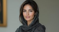 Middle Eastern woman wearing dark hijab smiles confidently at camera. Soft natural lighting highlights her features against neutral background. Professional portrait captures grace and dignity.