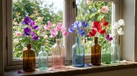 Colorful wildflowers in vintage glass bottles on sunny windowsill create charming rustic home decor display for spring interior design and floral arrangements.