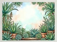 Watercolor succulent garden frame with aloe vera and cacti plants in terracotta pots creating botanical border for natural design projects.