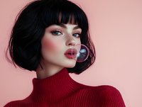 Asian woman with short black bob hairstyle and bright makeup wearing red turtleneck sweater against pink background, fashion portrait highlighting glamorous cosmetics look.