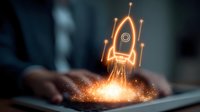 Glowing neon rocket launch with sparkles and light effects emerging from digital tablet screen in dark environment, symbolizing business startup and innovation.