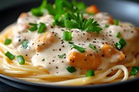 Creamy pasta with shrimp in white sauce garnished with fresh herbs, black pepper and chopped green onions served on dark plate, macro food photography.