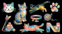 Colorful cat collection with playful feline faces, stretching poses, paw prints, toys and accessories isolated on transparent background for t-shirt designs, stickers and print-on-demand products.