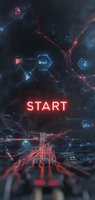 Glowing red start button on dark futuristic background with digital network connections, hexagonal shapes and circuit paths creating cyberpunk atmosphere.
