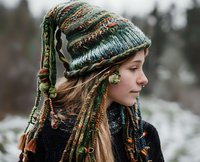 Young woman wearing colorful knitted winter hat with long decorative tassels and braided details in green and brown tones, side profile view against snowy winter background.