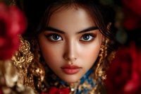 Asian woman with striking features wearing ornate gold earrings and traditional jewelry, surrounded by red roses. Dramatic portrait with intense gaze and flawless makeup.