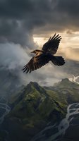 Majestic raven soaring over dramatic mountain landscape with stormy clouds and golden sunlight breaking through for nature and wildlife themes.