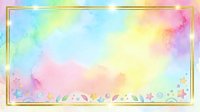 Pastel rainbow watercolor background with gold glitter frame and cute stars, leaves, dots border decoration for cards and banners.