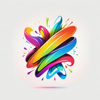 Vibrant abstract splash of intertwined rainbow colored shapes with dynamic motion effect and paint splatter details on light background, floating with soft shadow.