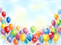 Watercolor colorful balloons floating with confetti splashes on light blue and cream background, suitable for birthday, celebration, party invitations and greeting cards.