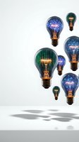 Floating light bulbs with glowing brain networks and digital code inside representing artificial intelligence innovation and creative technology solutions.