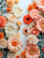 Vibrant coral, peach and white flowers including roses, gerbera daisies and chrysanthemums arranged on white background with eucalyptus leaves creating soft floral pattern.