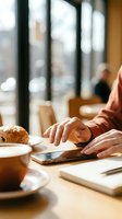 Woman using smartphone at cafe table with coffee and pastry in warm morning light for digital lifestyle and communication concepts.