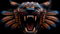 Fierce roaring tiger face with glowing orange and blue pattern design on dark background, showing sharp fangs and detailed symmetrical ornamental features.