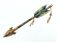 Ornate feather-tipped wand with gold and blue enamel detailing, featuring decorative beads and intricate metalwork. Isolated on white background, ready for design use.