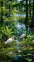 Two white egrets wading in shallow swamp water surrounded by cypress trees and marsh vegetation, ideal for nature and wildlife editorial use.