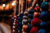 Decorative tassels and ornate beaded trim in rich blue and red colors hanging in rows, creating elegant textile embellishments for home decor and fashion design.