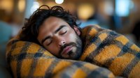 Young bearded Middle Eastern man sleeping peacefully wrapped in orange and black plaid blanket, with soft bokeh lights in background, showing relaxation and comfort.