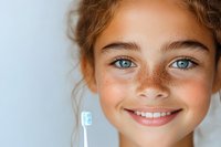 Close up portrait of young girl with freckles, bright blue eyes and curly hair smiling while holding toothbrush, dental care and oral hygiene concept on light background.