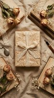 Vintage gift box wrapped in kraft paper with lace ribbon surrounded by dried roses, old books and delicate flowers on textured beige background.