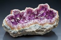 Purple amethyst crystal cluster formation in natural geode showing raw crystalline structure and mineral growth patterns against dark background.