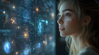 Young Asian woman looking at futuristic holographic interface with glowing data visualization and digital elements in dark environment with blue technological glow.
