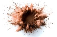 Brown powder explosion on white background creating dynamic splash effect with particles flying outward in circular pattern, isolated for design projects.