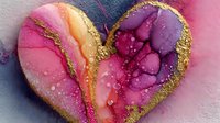 Abstract heart shape with vibrant pink purple gold alcohol ink flowing organic patterns on textured background for romantic Valentine designs.