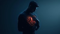 Dramatic silhouette of male figure with glowing red heart illustration visible through chest on dark background, representing human anatomy and medical visualization.