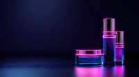 Luxury cosmetic containers with neon pink and blue lighting effects on dark background, premium skincare packaging mockup for beauty product presentation.