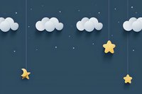 Playful night sky scene with white paper cut clouds and hanging yellow stars on dark blue background, creating magical nursery decor atmosphere.
