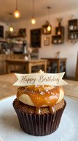 Salted caramel birthday cupcake with creamy frosting and a Happy Birthday topper, served on a plate in a cozy cafe interior.