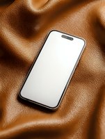 Modern smartphone with blank white screen on textured brown leather background, mockup for app or website design presentation.