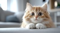 Adorable cream and white Persian cat with big round eyes lying on light gray sofa, looking directly at camera with curious expression. Fluffy feline pet portrait.
