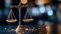 Decorative brass scales of justice on dark background with bokeh lights, symbolizing law, judgment, and legal balance in courtroom or office setting.