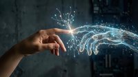 Human hand reaching toward glowing digital brain with neural network connections and sparks, representing artificial intelligence and technology innovation.