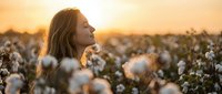 Young woman with long hair standing peacefully in cotton field during golden hour sunset, enjoying nature and tranquil farming landscape atmosphere.