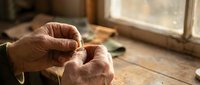 Senior craftsman hands working with precision on detailed woodworking project in warm sunlit workshop atmosphere for traditional artisan craftsmanship.