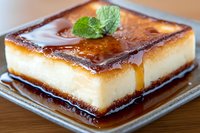 Square slice of creamy flan dessert with caramel sauce and mint leaf garnish on glass plate, close up view showing smooth texture and golden surface.