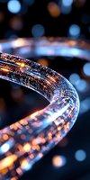 Glowing fiber optic cable with illuminated data streams against dark background with bokeh lights, representing digital connectivity and technology.