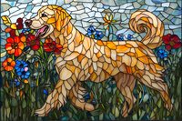 Golden retriever dog in stained glass style mosaic artwork surrounded by red and blue wildflowers against blue sky background, artistic home decor piece.