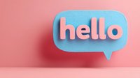 Blue speech bubble with pink "hello" text on coral background, creating playful communication concept for social media and messaging designs.