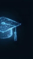 Glowing blue digital graduation cap with interconnected network lines on dark background, representing online education, e-learning, and technology-driven academic achievement.