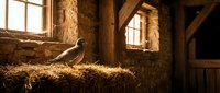 Barn interior with hay and wooden beams illuminated by sunlight through windows, featuring a bird perched on straw for agricultural and rural themes.