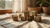 Wooden alphabet blocks with green leaf letters scattered on cozy blanket near sunny window. Educational toys for early childhood learning and development.