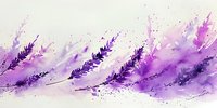Watercolor lavender field with purple splashes and artistic splatters creates dreamy botanical composition against white background. Decorative floral art for wall decor.