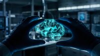 Hands protecting glowing digital brain hologram in futuristic laboratory setting representing artificial intelligence, neuroscience and mental health protection.