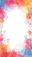 Colorful watercolor frame with hand-drawn hearts, swirls and floral elements on white background for romantic designs, wedding invitations and love themes.