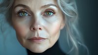 Mature woman with silver-gray hair and blue eyes, fair complexion, looking directly at camera with neutral expression against blue background. Portrait for aging, beauty, skincare.