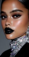 Close-up portrait of a young woman with dark lipstick, glowing skin, and dramatic eye makeup wearing a sparkling crystal-embellished high neck accessory against gray background.
